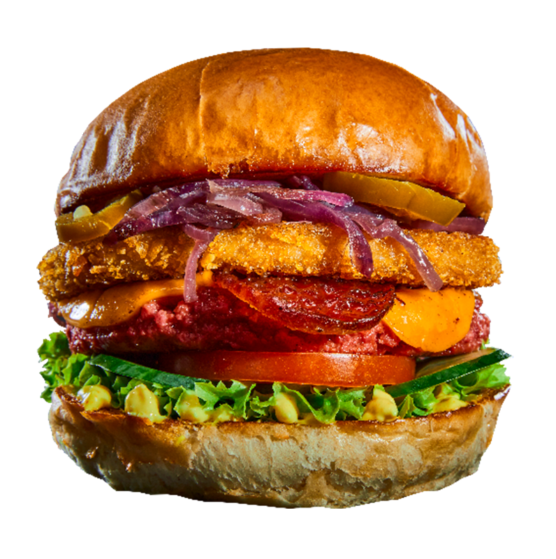 big vegan burger with bacon and knusperschnitzel - Veclassic